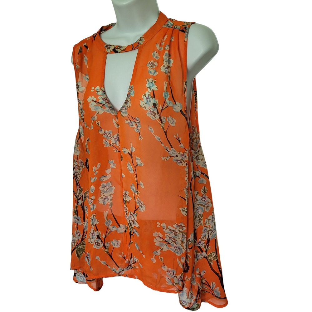 Miss Me Prisimmon Cherry Blossom Blouse Womens Orange Semi Sheer Sleeveless Top